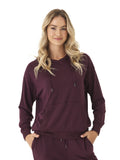 Women's burgundy Madge Feather Fleece Pullover Hoodie with hood and front pockets.