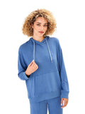 Front view of the Madge Feather Fleece Pullover Hoodie featuring a hood, pockets, and relaxed silhouette