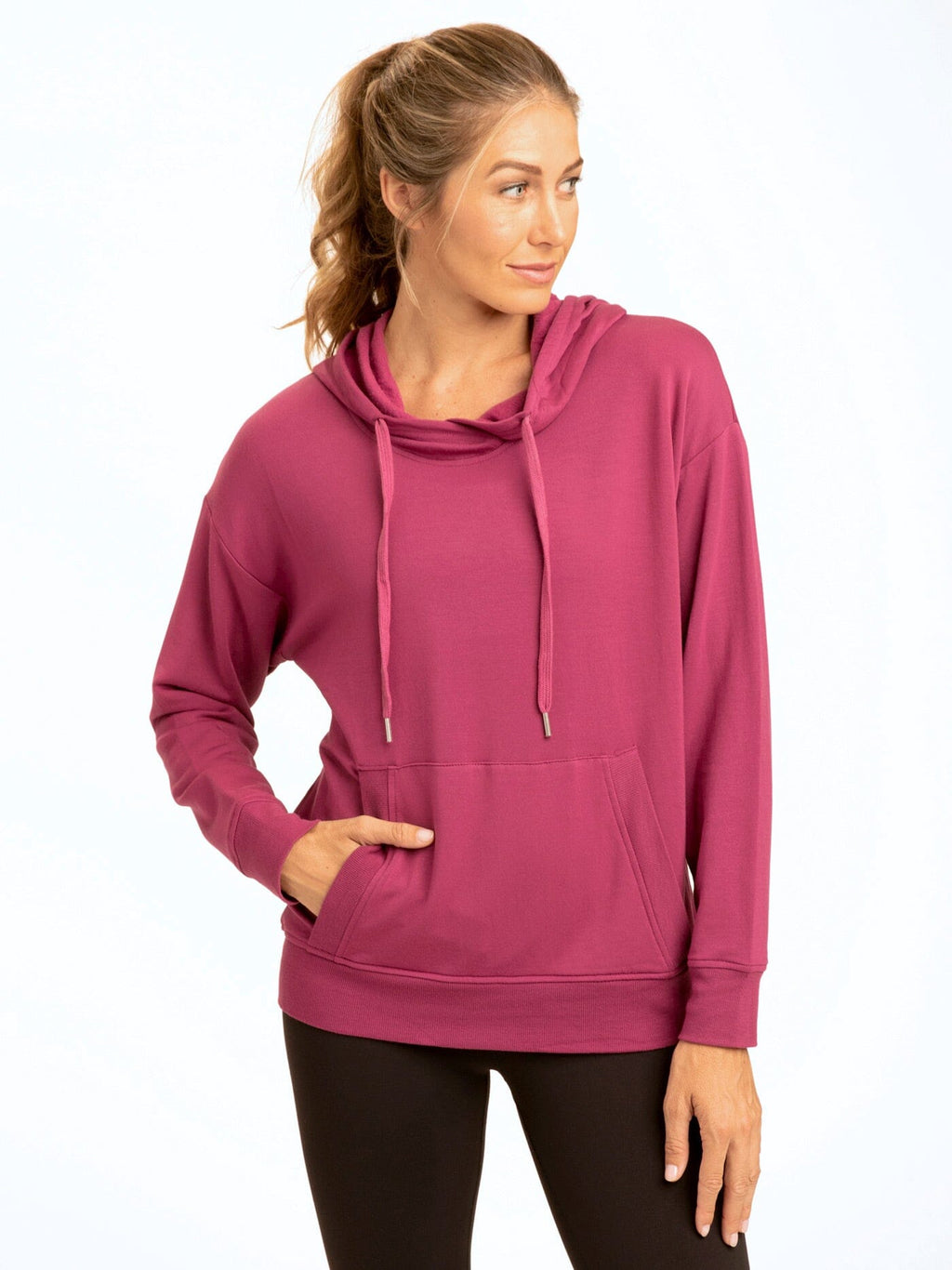 Women's Madge Feather Fleece Pullover Hoodie in magenta and berry, styled for an athleisure look