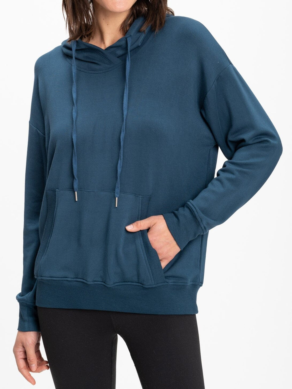 Close up of the Madge FeatherLoop Fleece Pullover Hoodie showing the texture and hood detail.