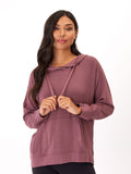 Mauve and dusty rose Feather Fleece pullover hoodie with a hood and front pockets.
