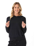Cozy black minimalist pullover hoodie in soft fleece with a front pocket