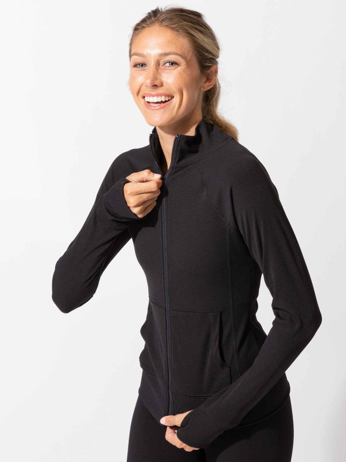 Lori Active Rib Jacket with Thumb Holes and Zip Front