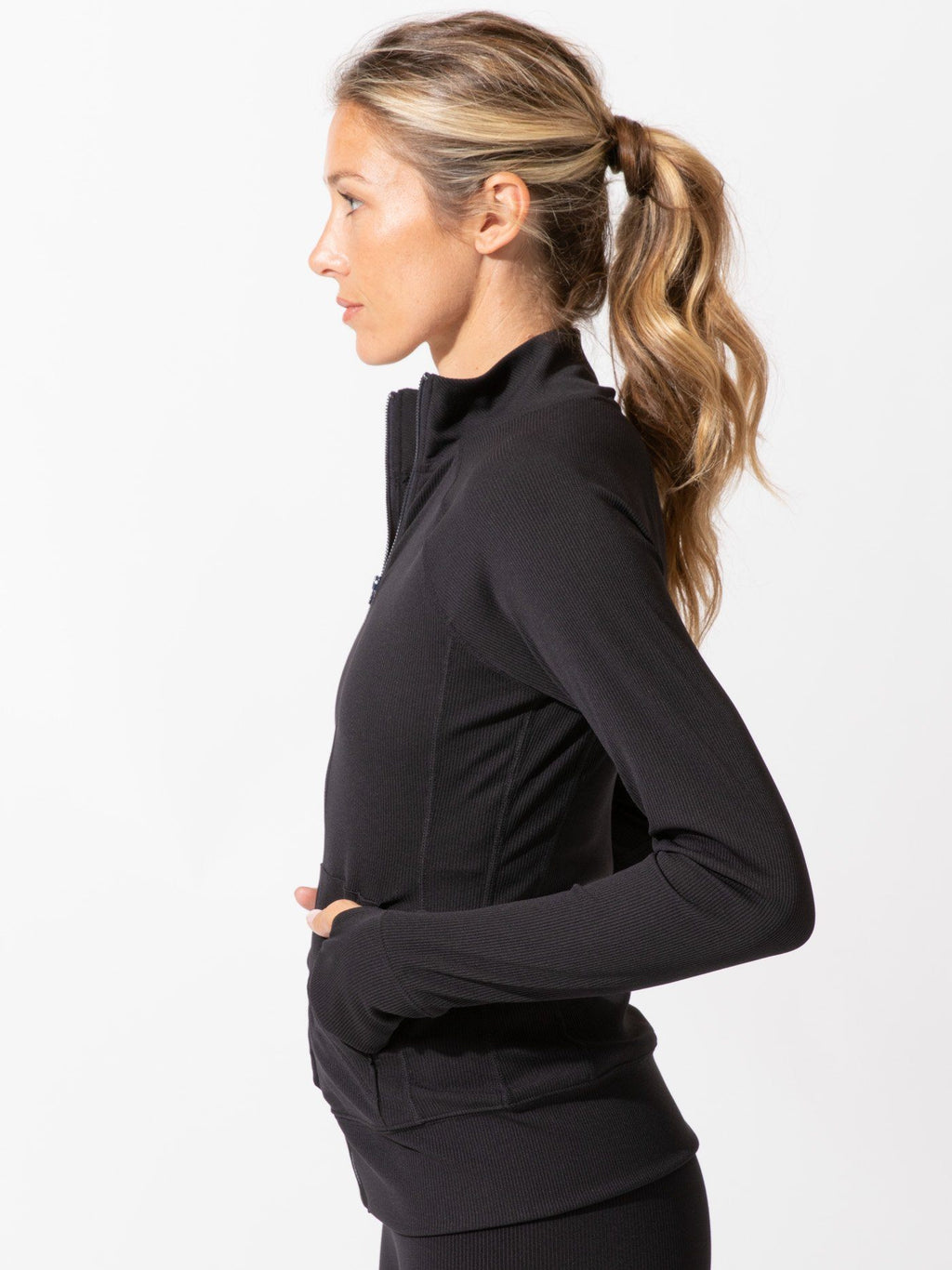 Lori Active Rib Jacket with Thumb Holes and Zip Front