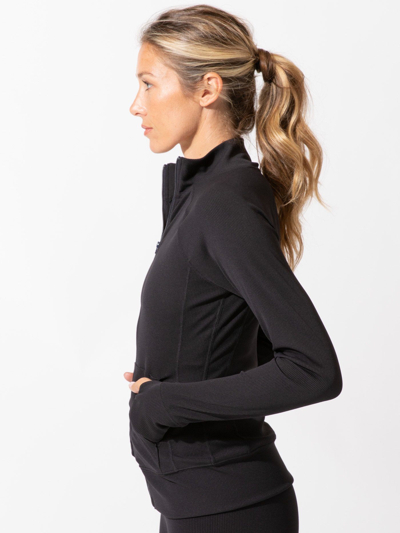 Lori Active Rib Jacket with Thumb Holes and Zip Front