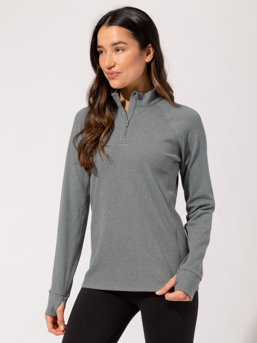 Women's Belinda Luxe Fleece 1/4-Zip jacket in heathered cool grey with collared neckline and thumbhole details.