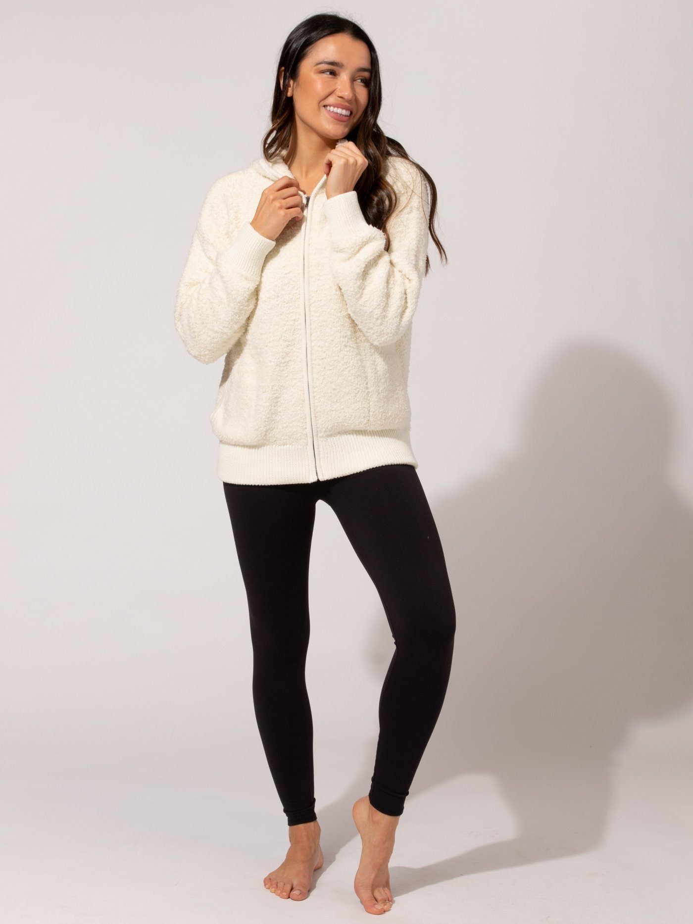 Vivi Boucle Zip Hoodie in Off-White Cream Knit Loungewear