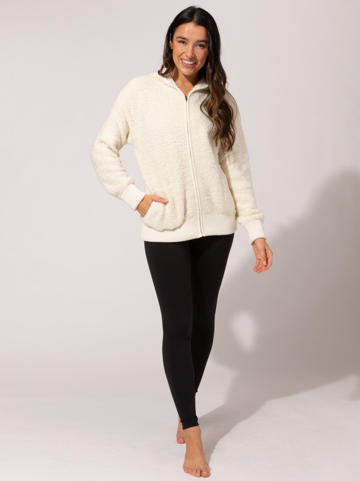 Vivi Boucle Zip Hoodie in Off-White Cream Knit Loungewear