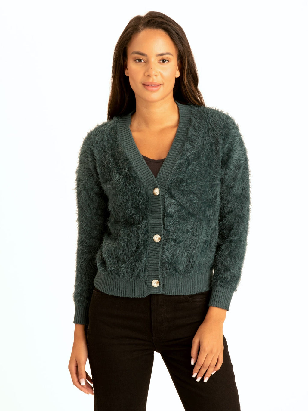Front view of the dark forest green Jessa fuzzy knit crop cardigan with a deep V-neck and three buttons