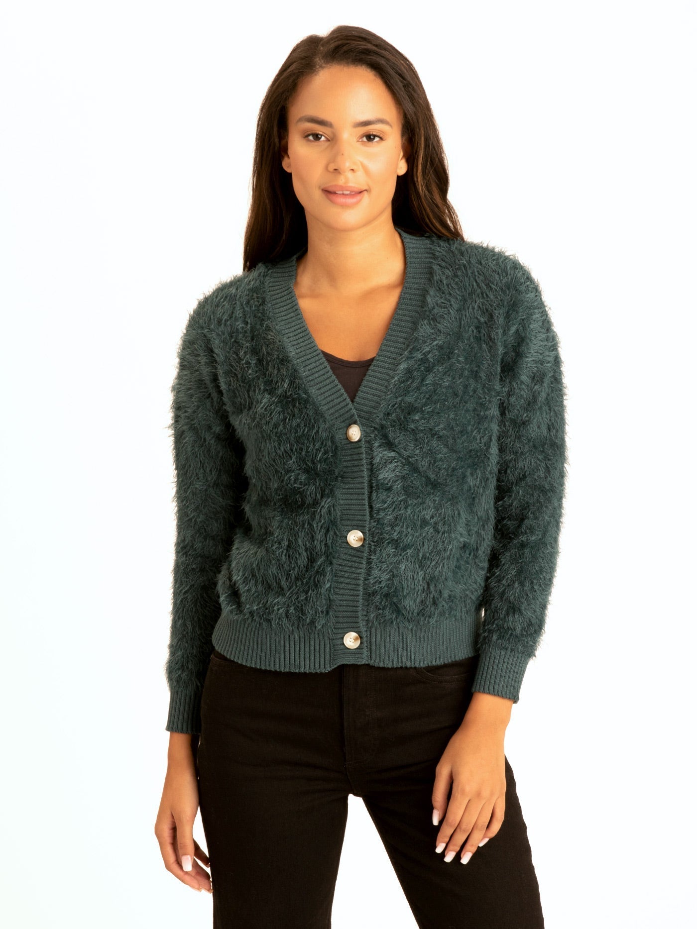 Front view of the dark forest green Jessa fuzzy knit crop cardigan with a deep V-neck and three buttons