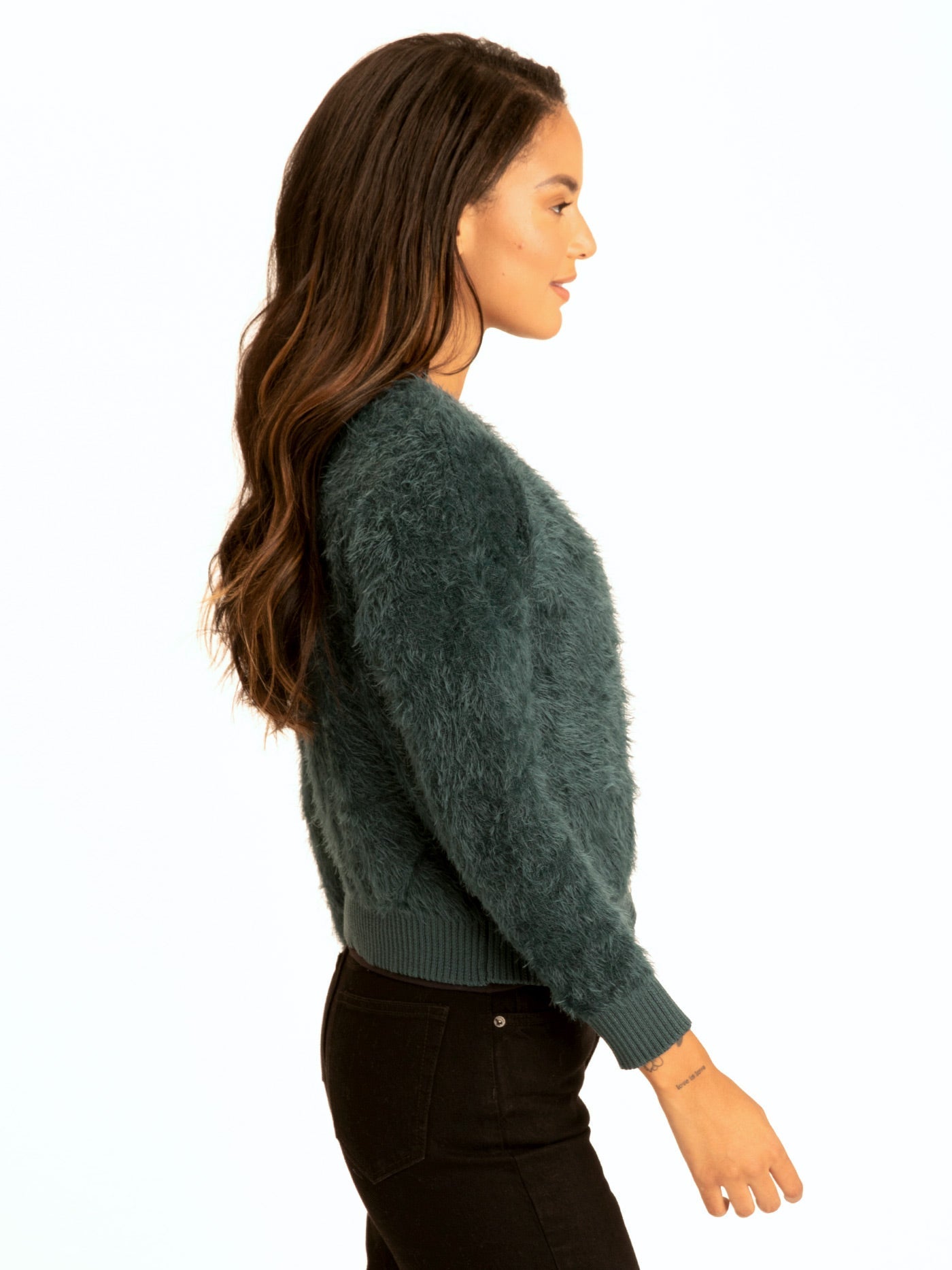 Jessa Fuzzy Knit Crop Cardigan in Dark Forest Green