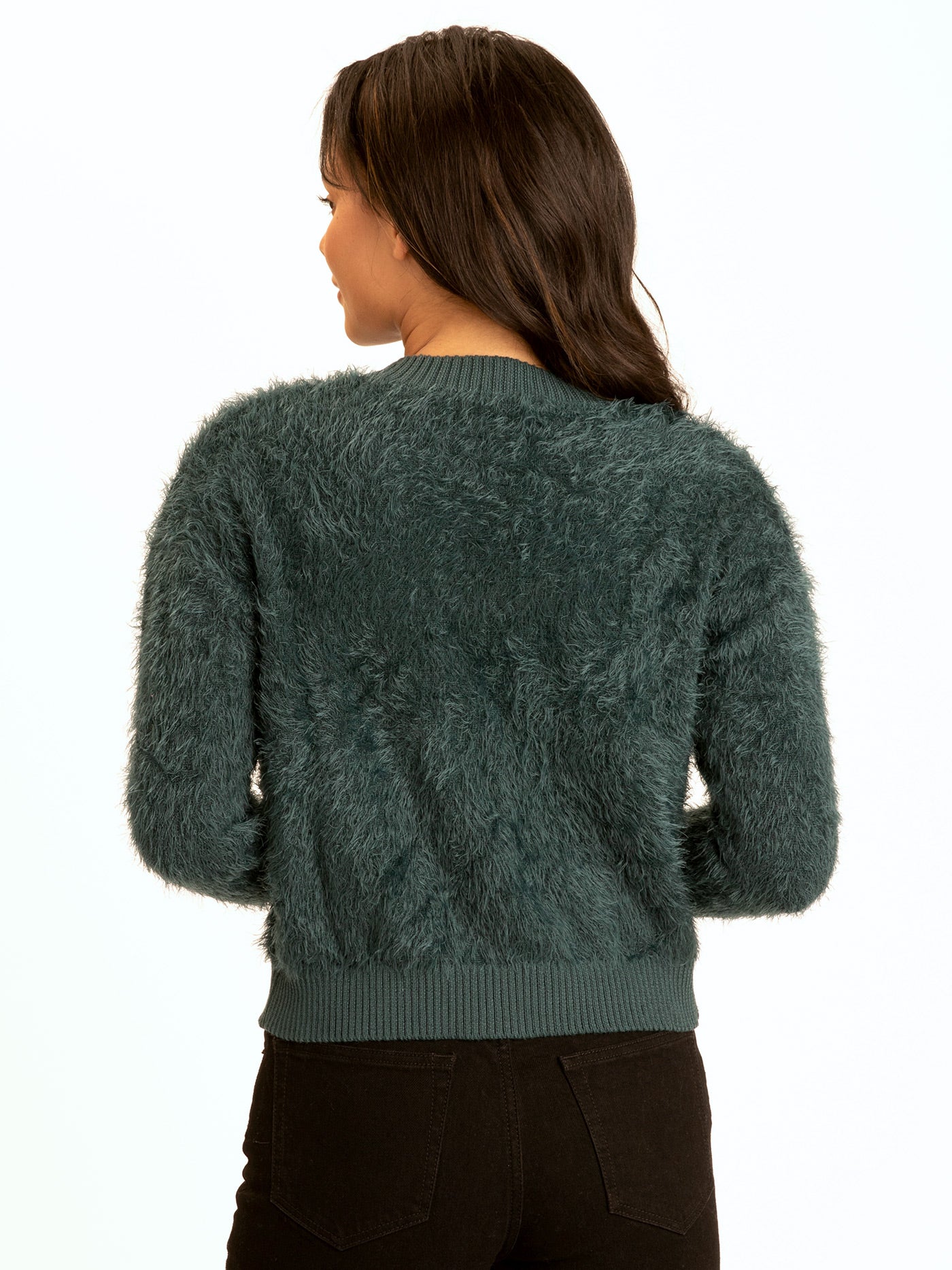 Jessa Fuzzy Knit Crop Cardigan in Dark Forest Green