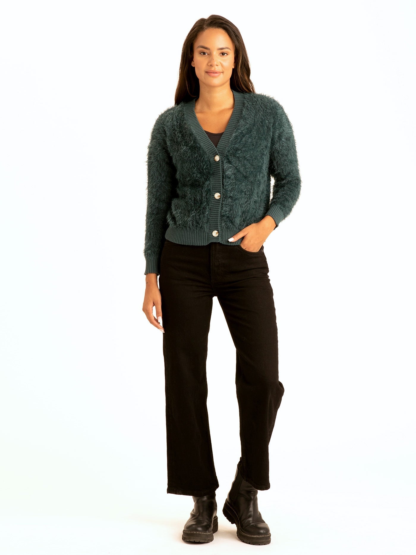 Jessa Fuzzy Knit Crop Cardigan in Dark Forest Green