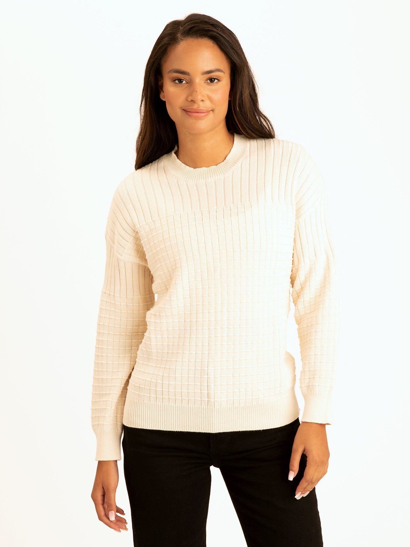 Close-up view of the Bibiana Mixed Media Sweater texture and fabric blend.