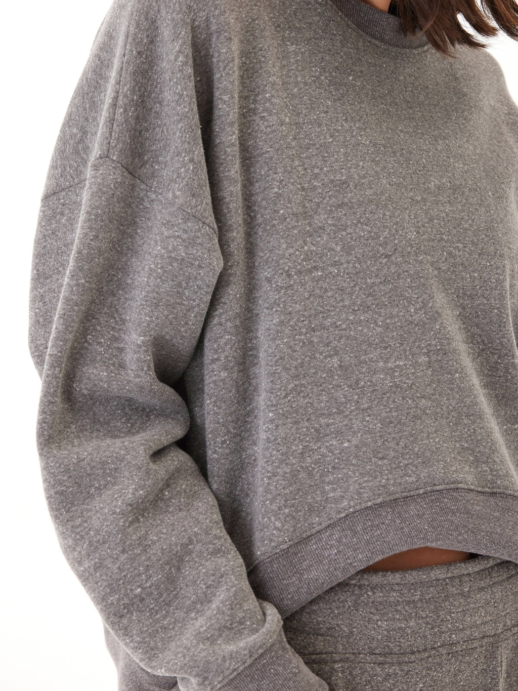 Women's oversized grey triblend fleece pullover with classic rib trim