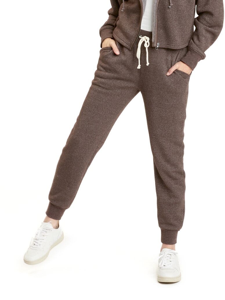 Women's slim fit ankle length jogger in dark espresso brown knit fabric with drawstring waist