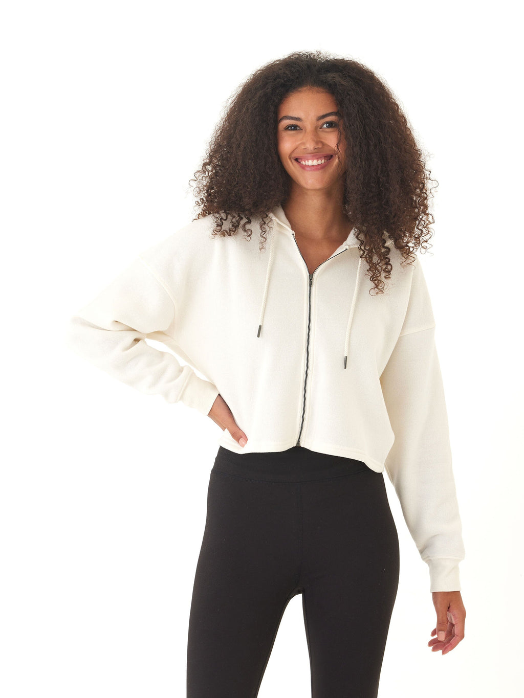 Venetia Triblend Fleece Crop Zip Hoodie in Off-White Cream
