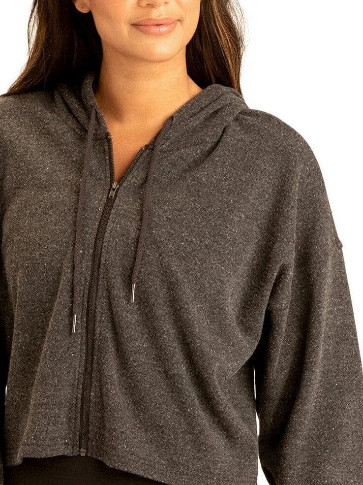 Women's Venetia crop hoodie in charcoal with a metal front zipper and oversized fit.