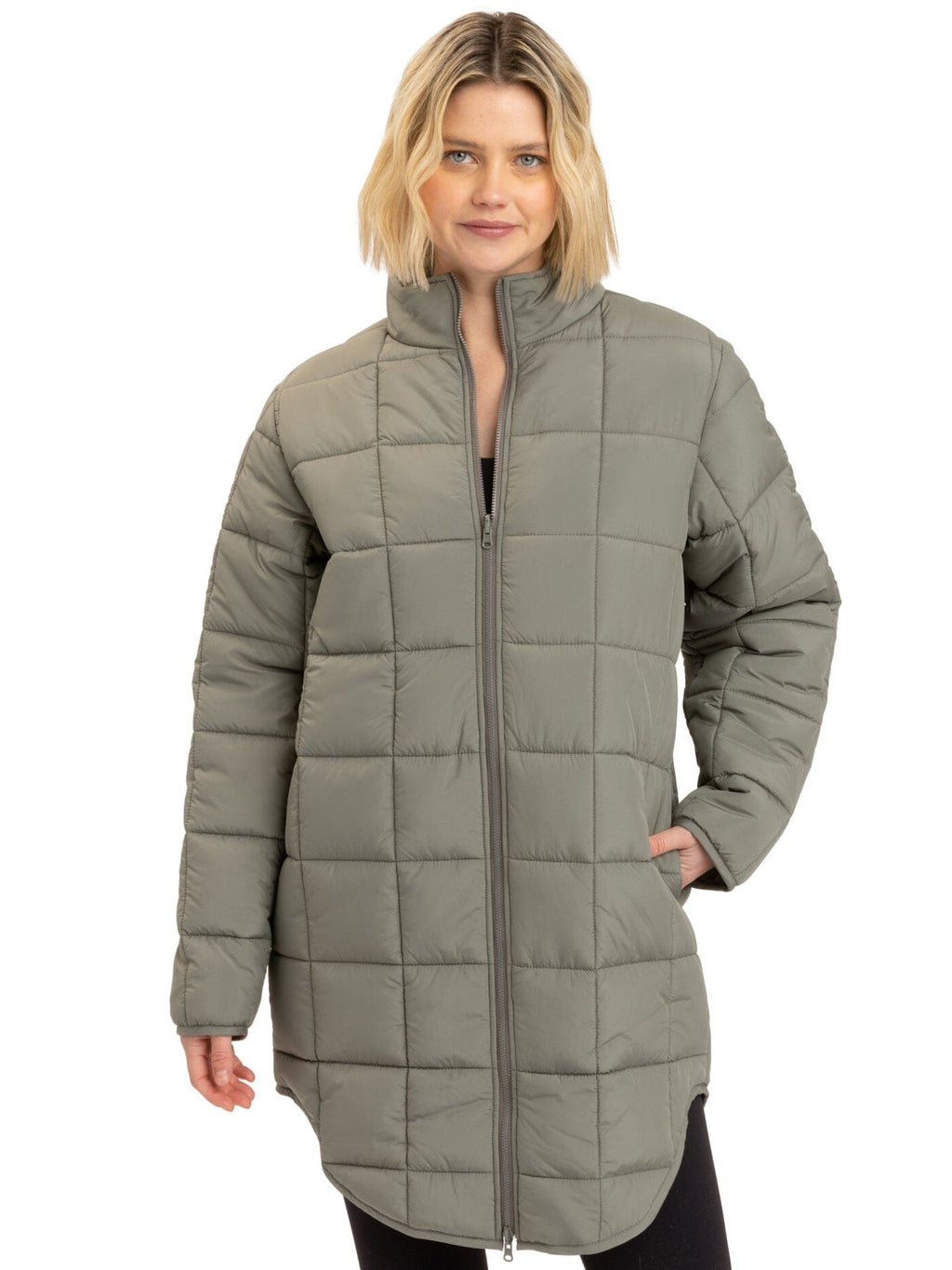 Women's Azima long packable puffer jacket in muted sage green with a collared neckline and zip-fly closure.
