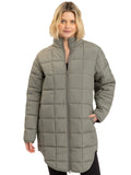 Women's Azima long packable puffer jacket in muted sage green with a collared neckline and zip-fly closure.