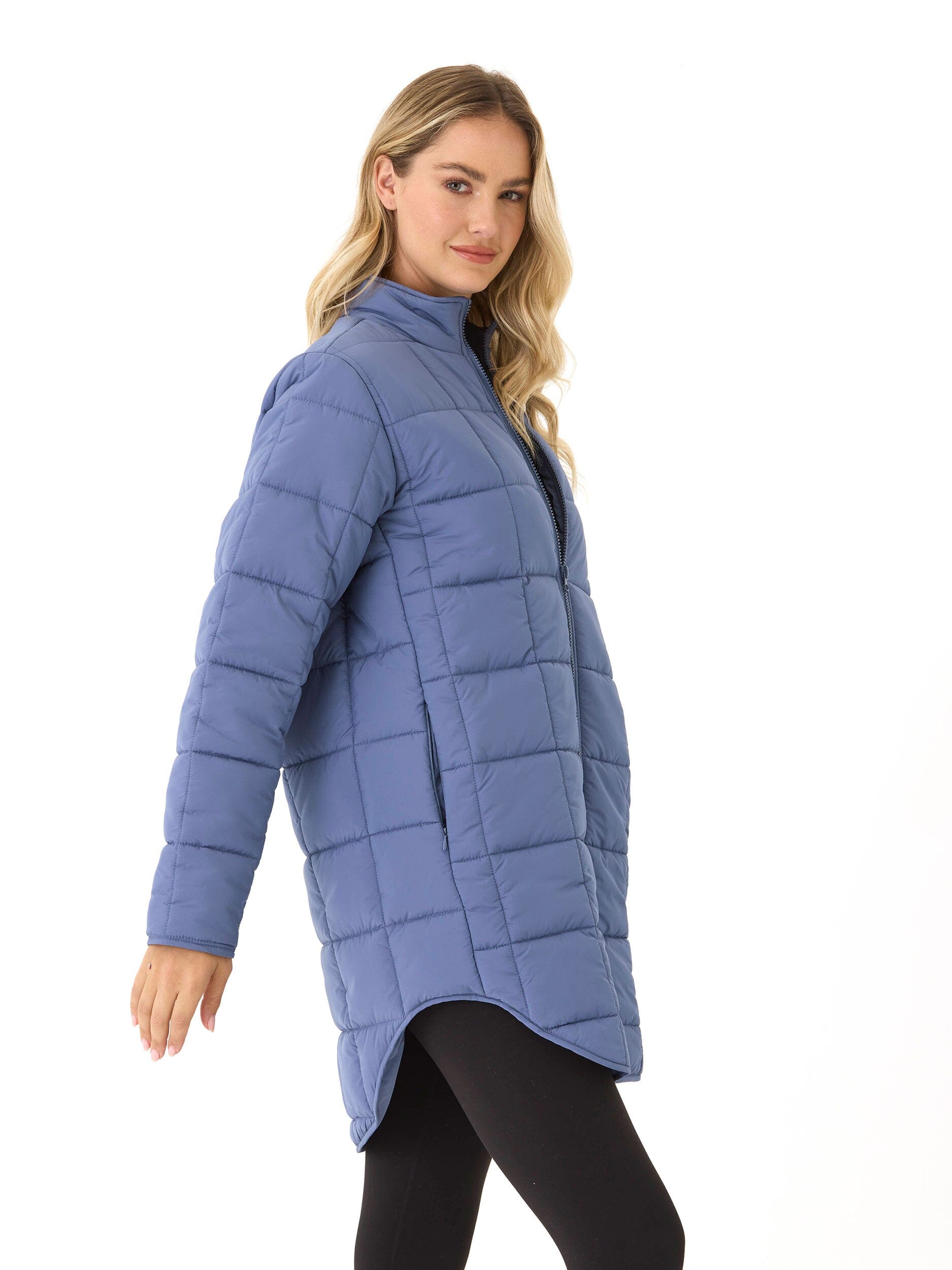 Azima Packable Long Puffer Jacket in Dusty Blue - Relaxed Fit