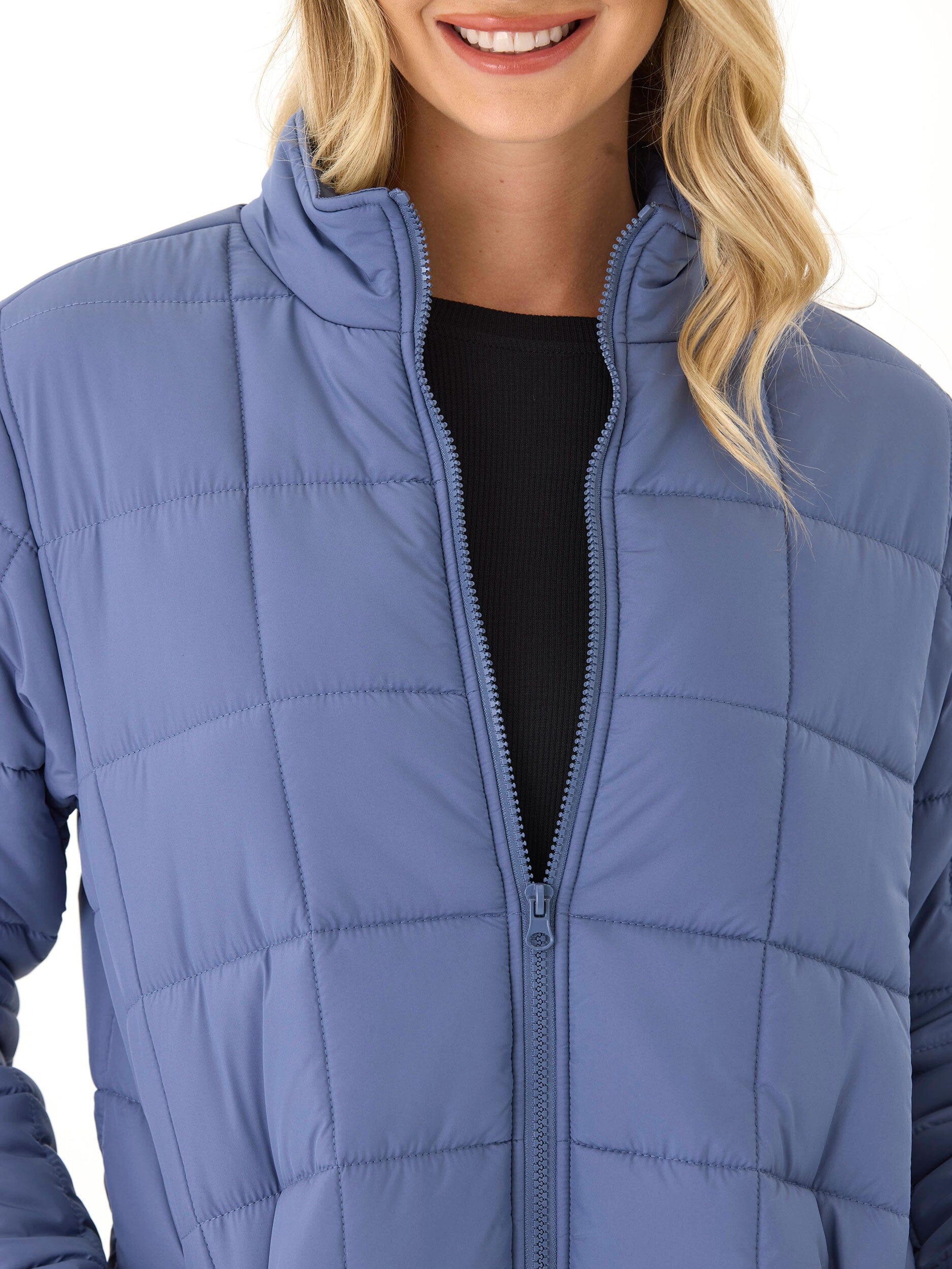 Azima Packable Long Puffer Jacket in Dusty Blue - Relaxed Fit