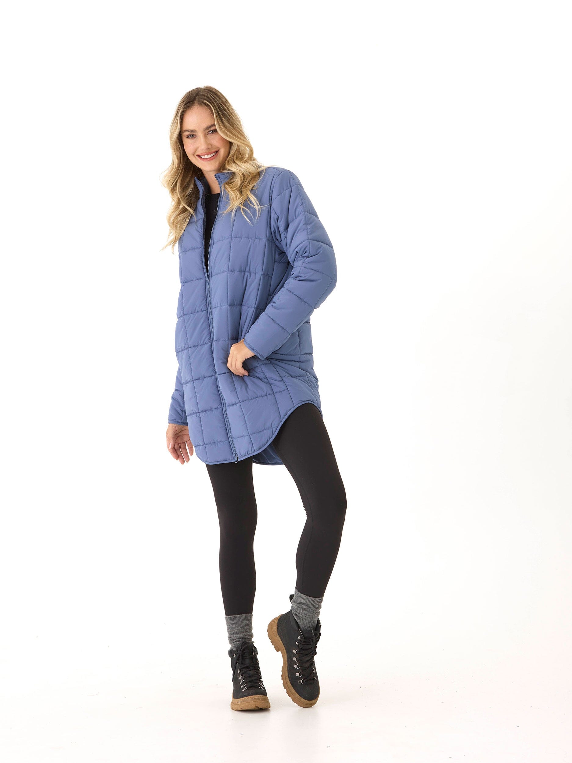 Azima Packable Long Puffer Jacket in Dusty Blue - Relaxed Fit