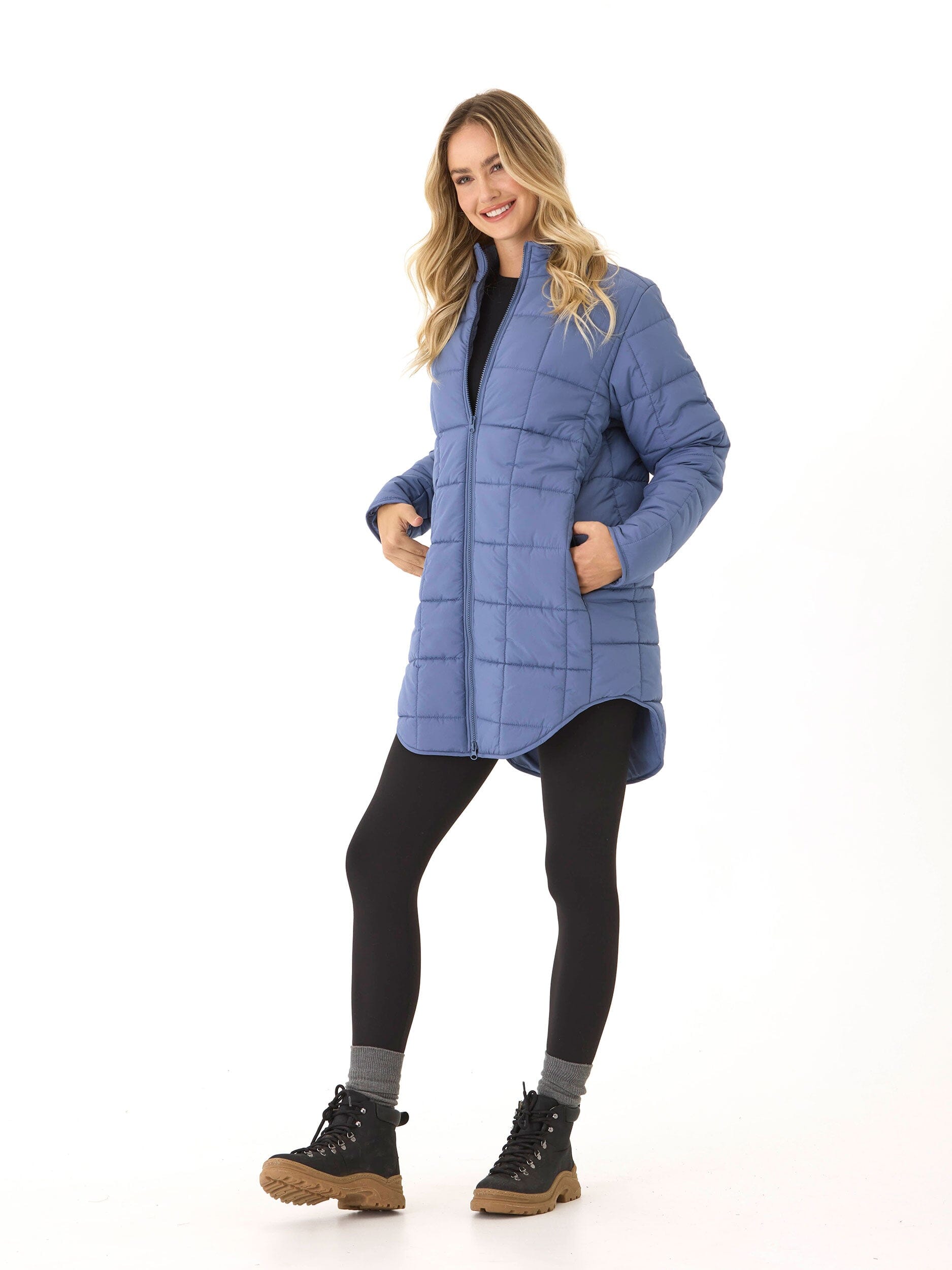 Azima Packable Long Puffer Jacket in Dusty Blue - Relaxed Fit