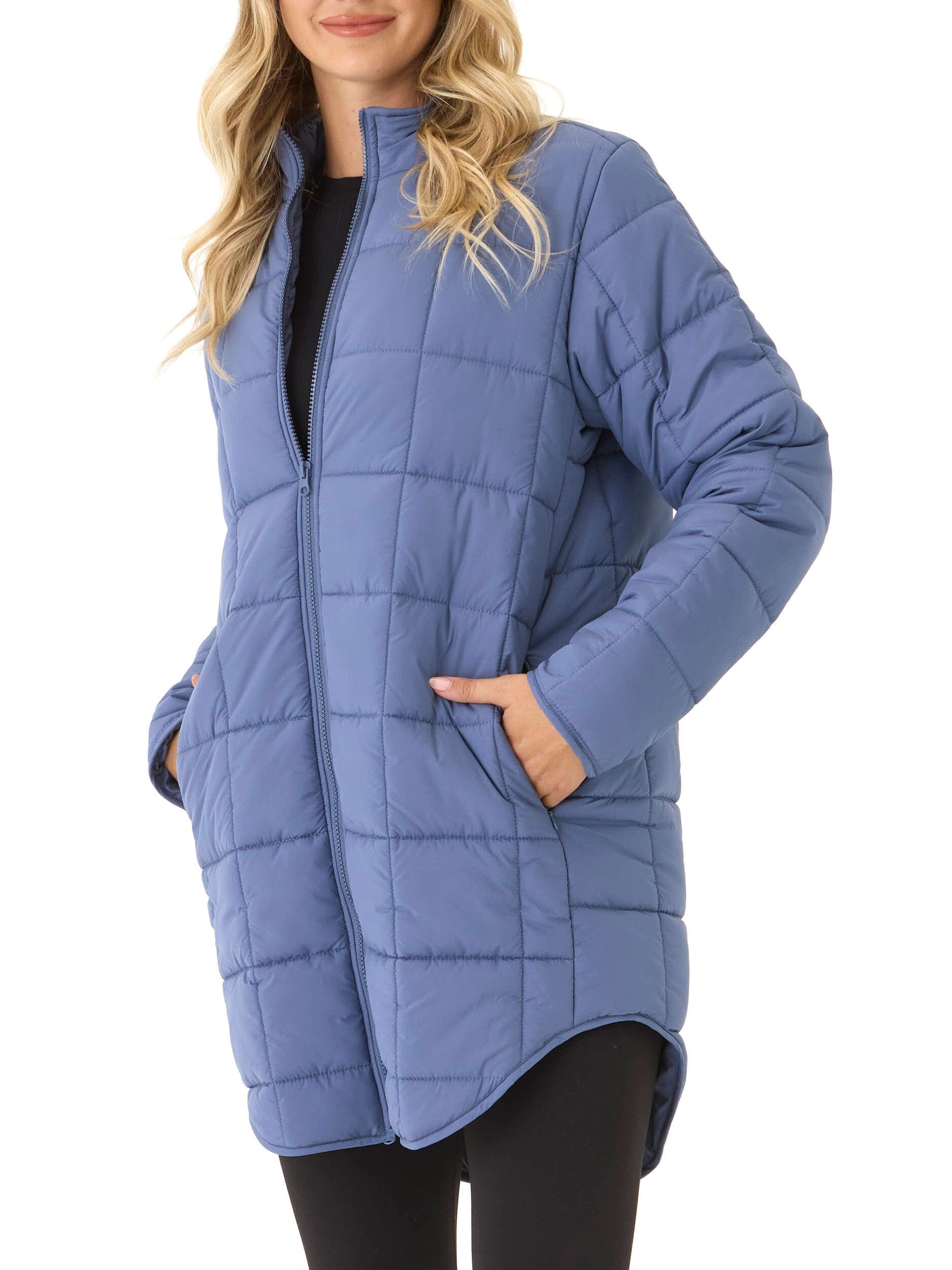 Azima Packable Long Puffer Jacket in Dusty Blue - Relaxed Fit