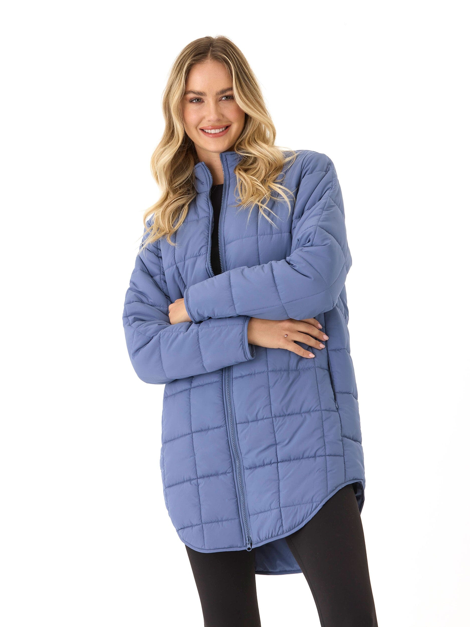 Azima Packable Long Puffer Jacket in Dusty Blue - Relaxed Fit