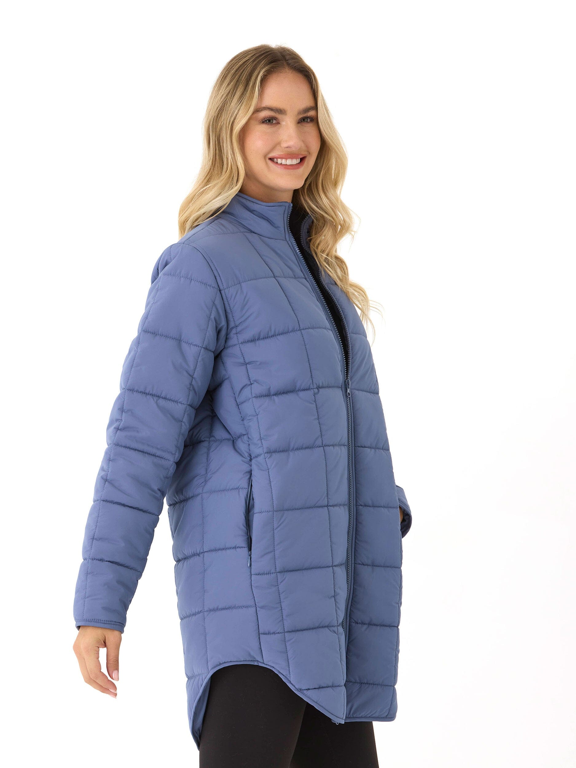 Azima Packable Long Puffer Jacket in Dusty Blue - Relaxed Fit