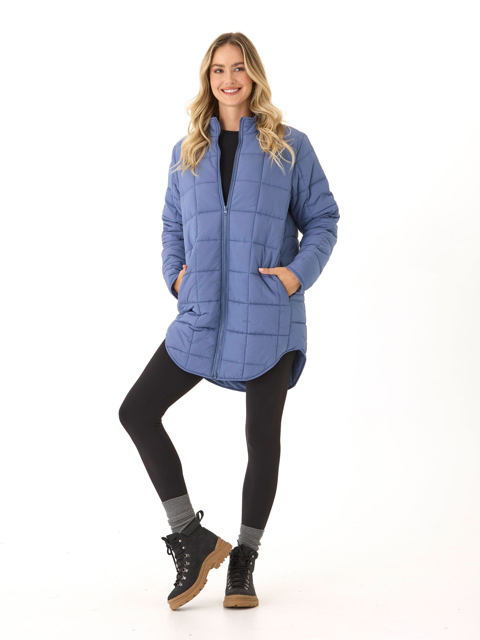Azima Packable Long Puffer Jacket in Dusty Blue - Relaxed Fit
