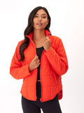 Women wearing a vibrant neon orange Athene Packable Puffer Jacket with a collared neckline and relaxed fit.