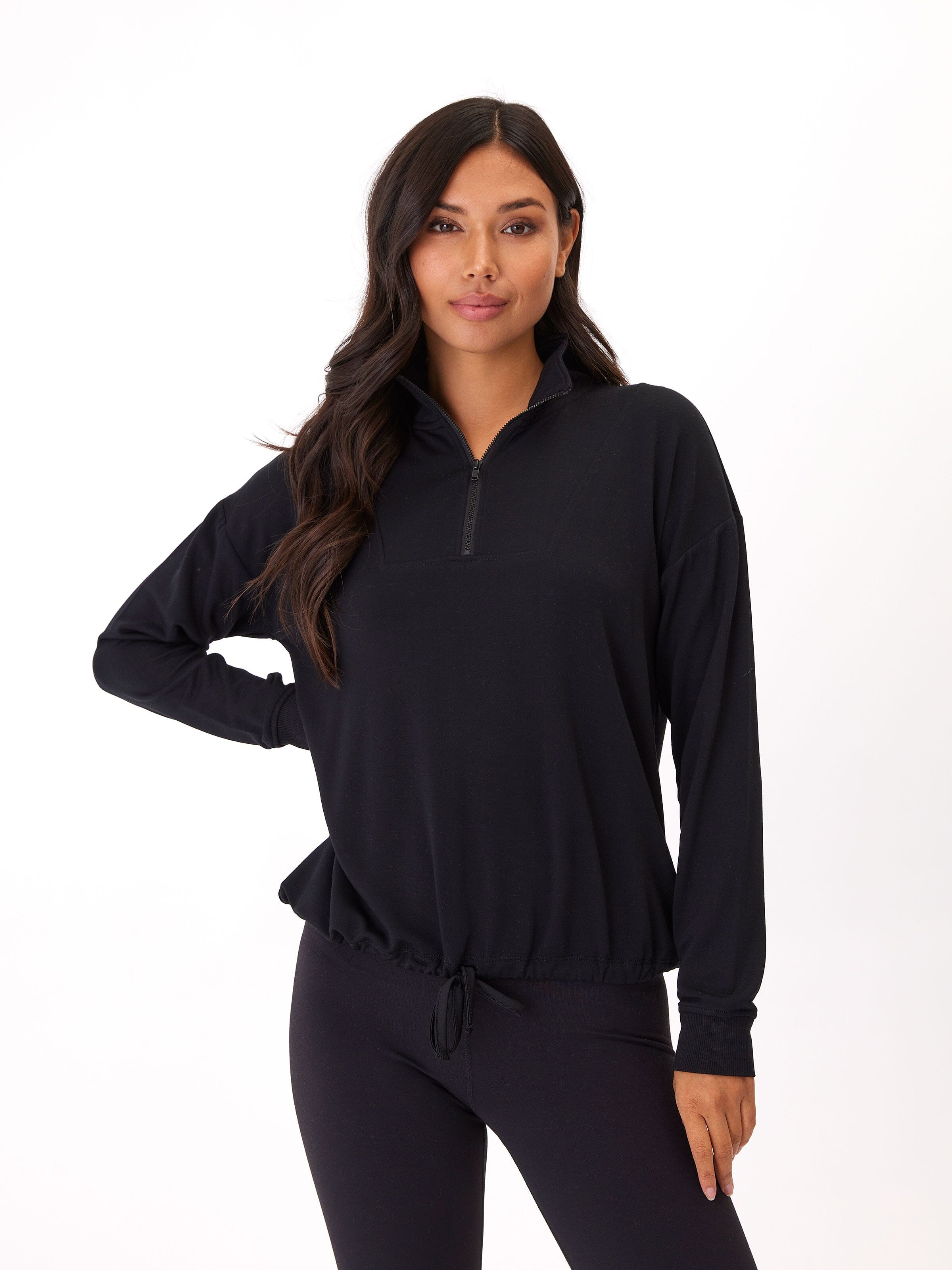 Nyla Feather Fleece Half Zip Pullover in Black