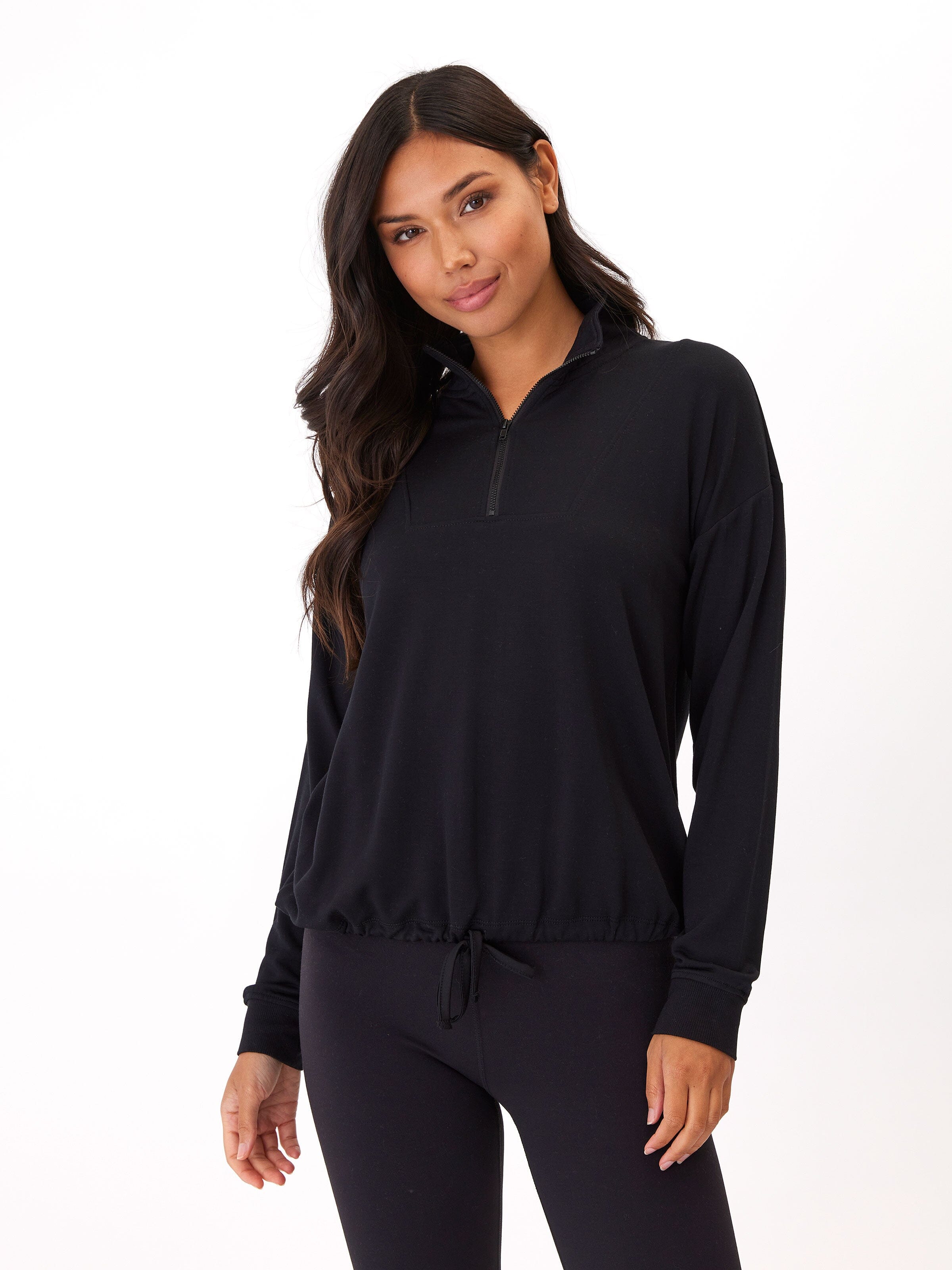 Nyla Feather Fleece Half Zip Pullover in Black
