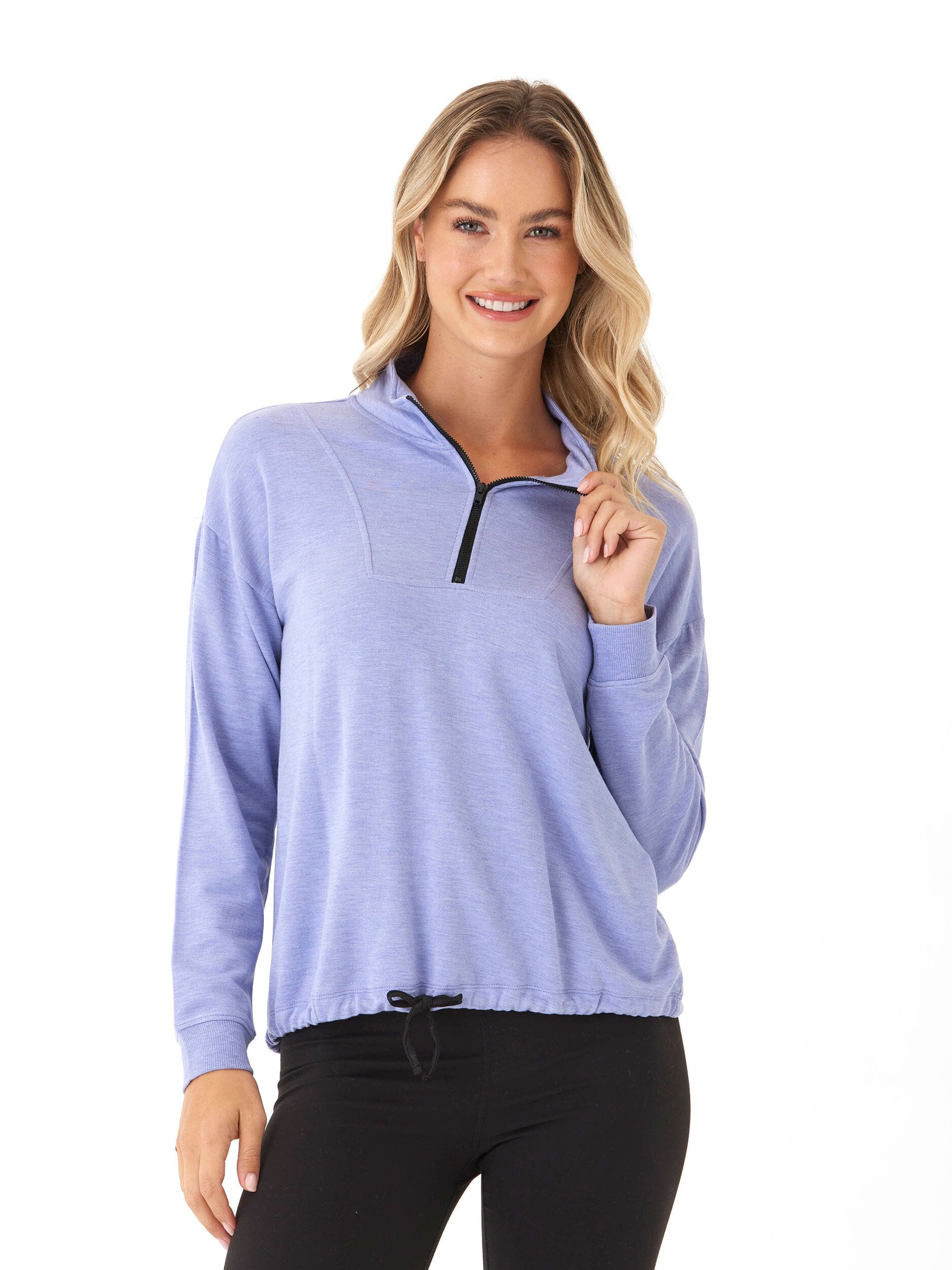 Women's Nyla half-zip pullover in periwinkle blue and black, featuring FeatherLoop fleece knit