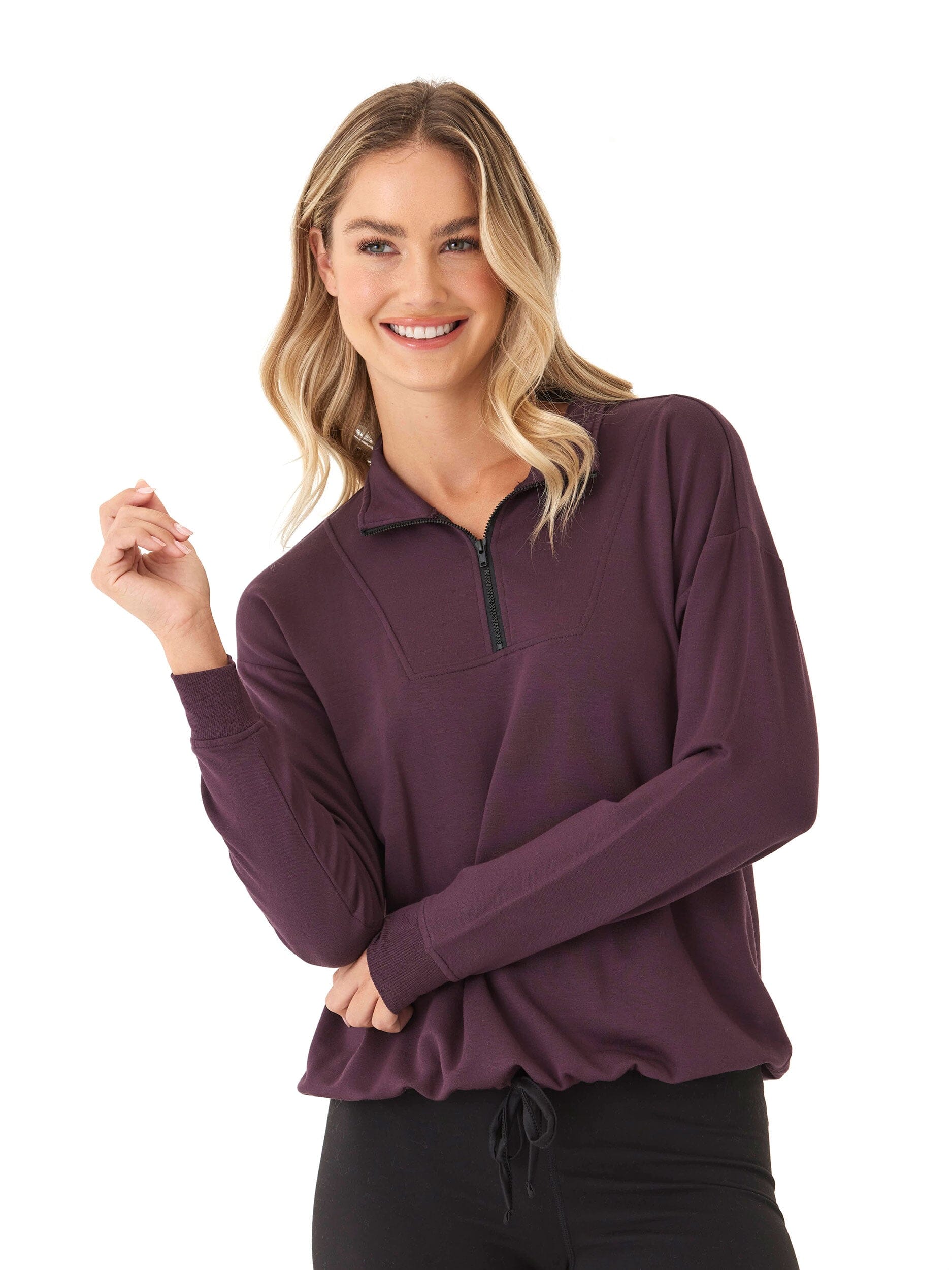 Nyla Feather Fleece Half Zip Pullover in Deep Plum and Black
