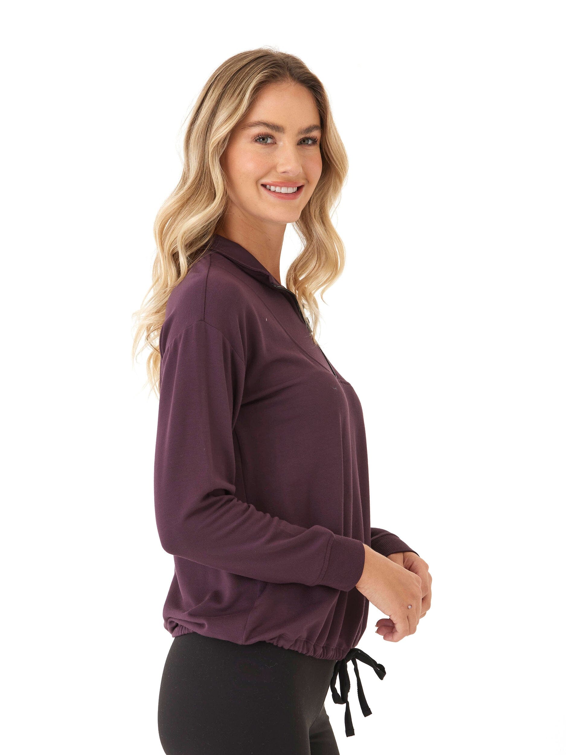 Nyla Feather Fleece Half Zip Pullover in Deep Plum and Black