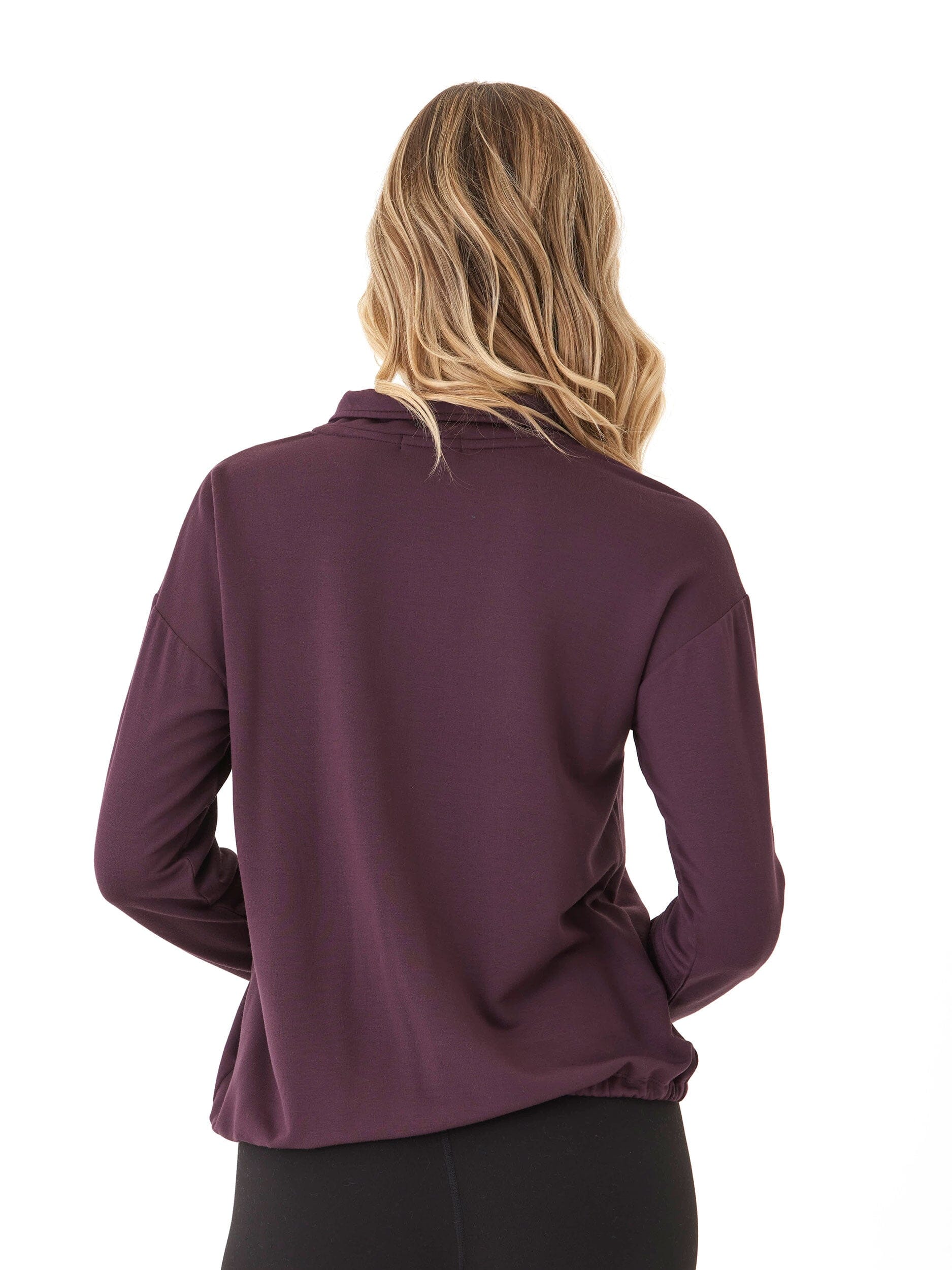 Nyla Feather Fleece Half Zip Pullover in Deep Plum and Black