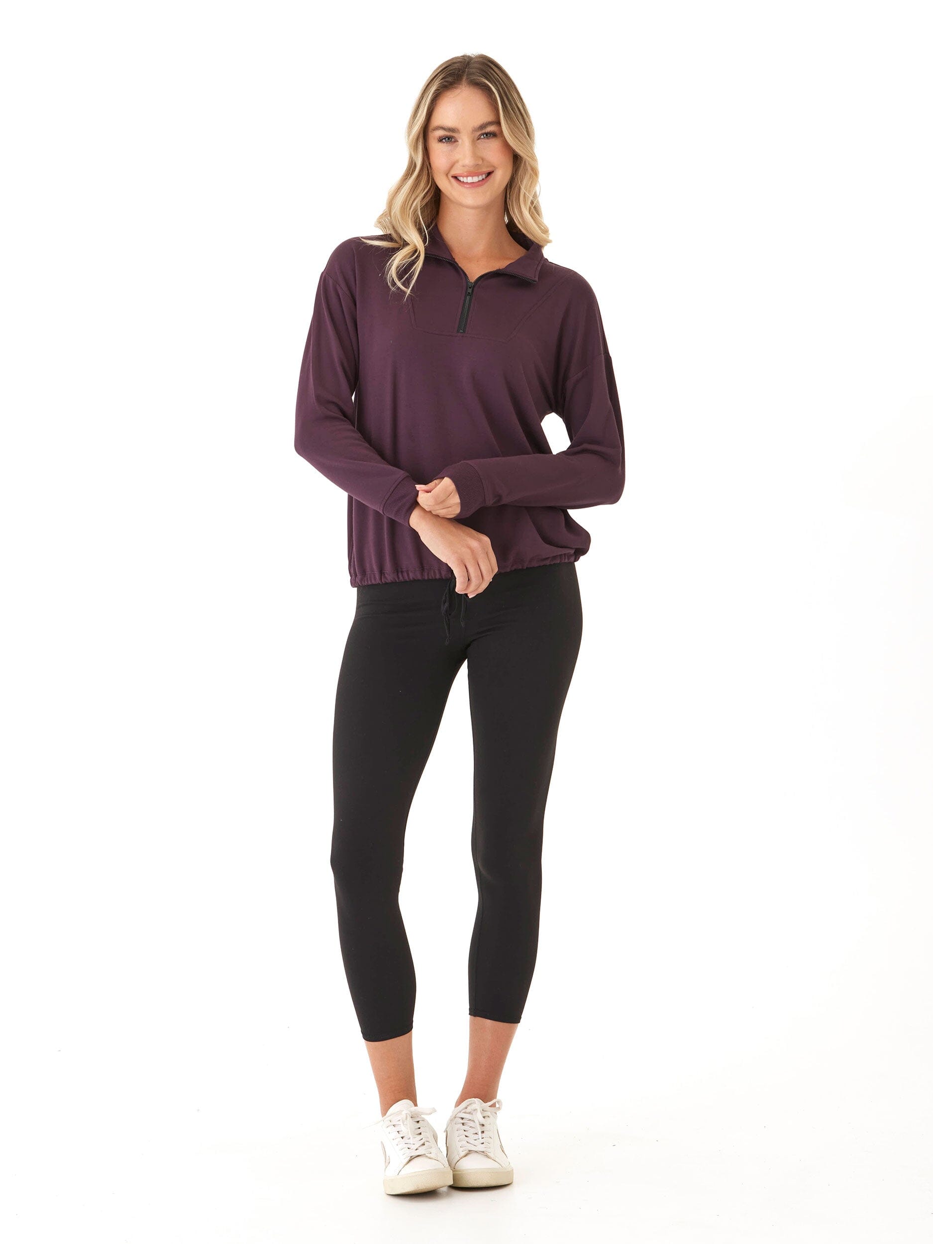 Nyla Feather Fleece Half Zip Pullover in Deep Plum and Black
