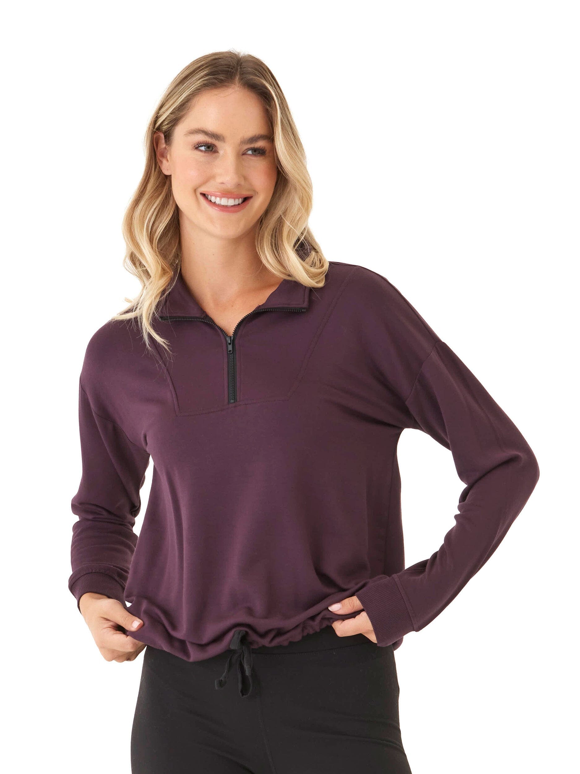 Nyla Feather Fleece Half Zip Pullover in Deep Plum and Black