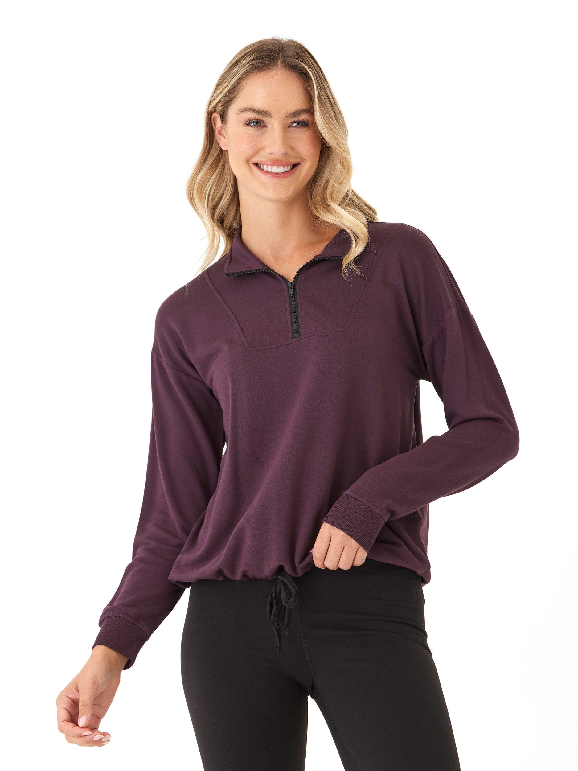 Nyla Feather Fleece Half Zip Pullover in Deep Plum and Black