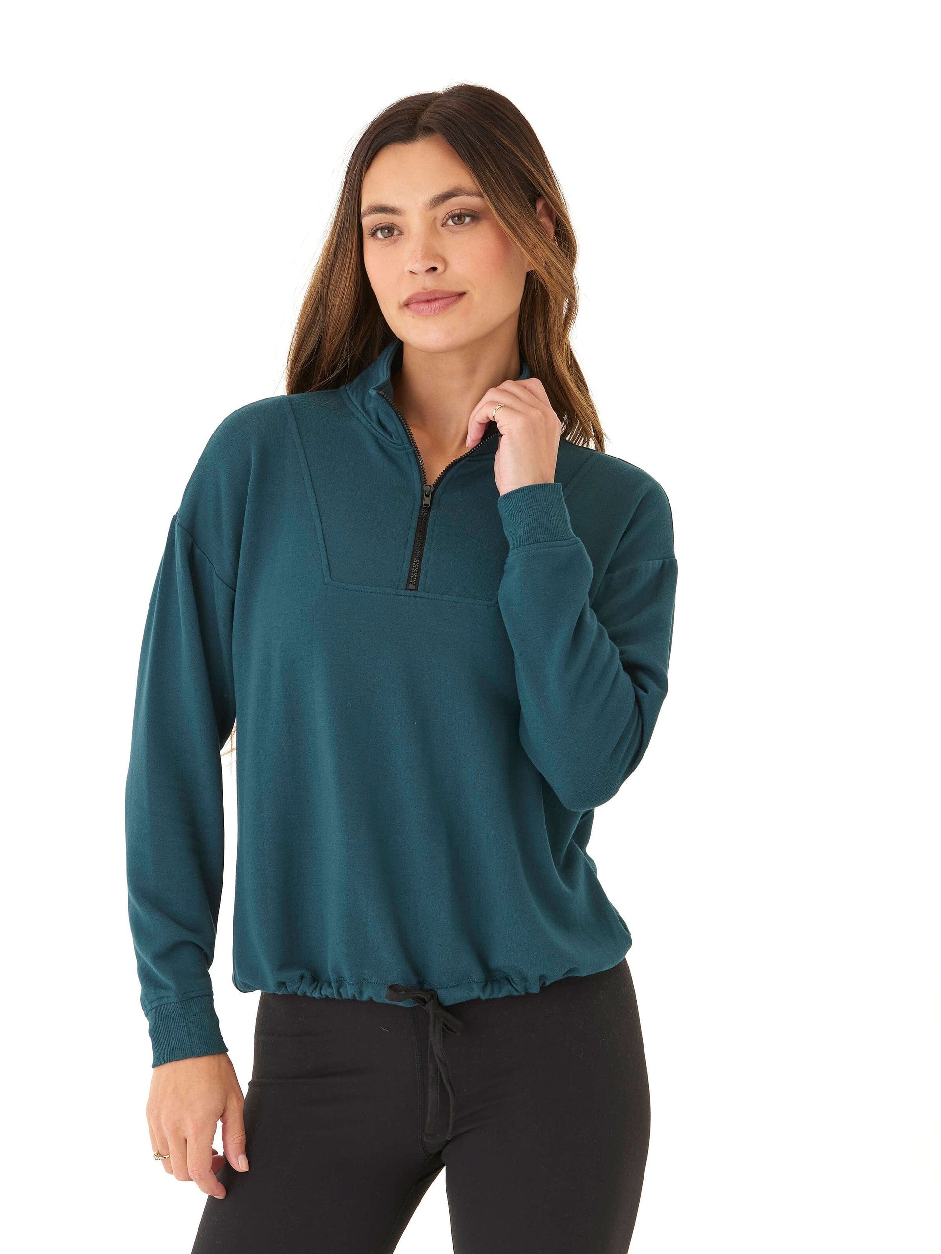 Nyla Feather Fleece Half Zip Pullover in Deep Teal