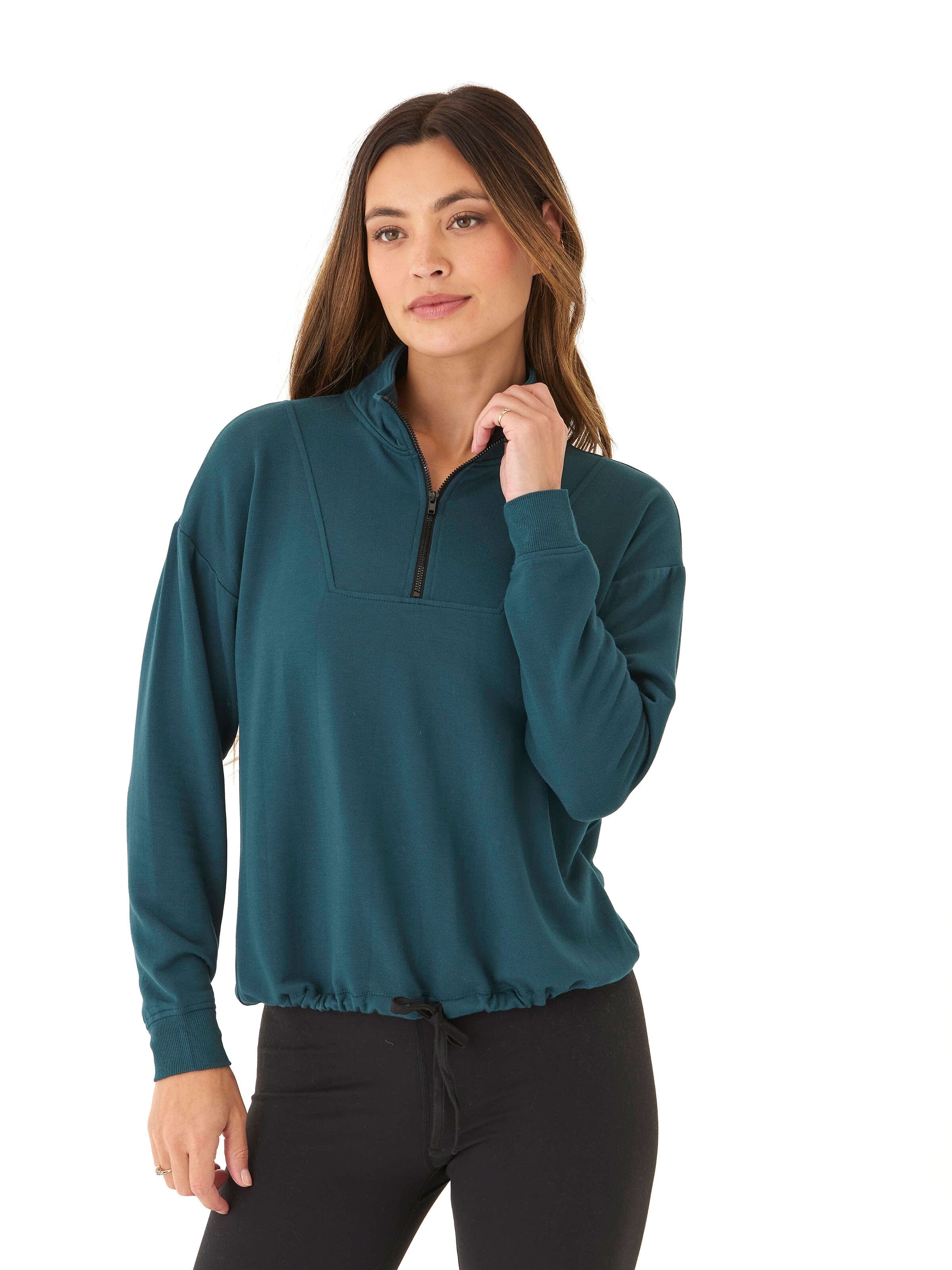 Nyla Feather Fleece Half Zip Pullover in Deep Teal