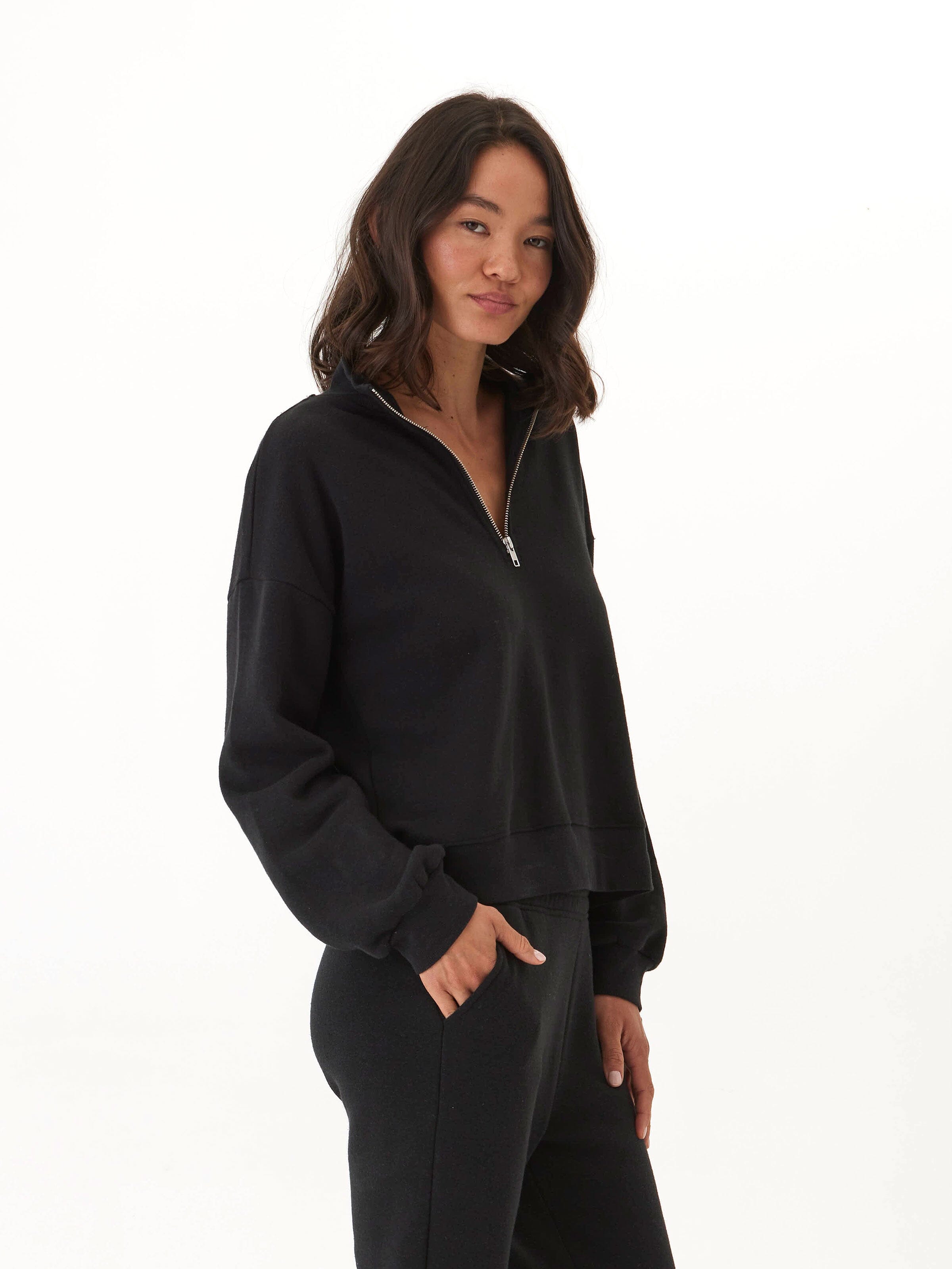 Constance Triblend Fleece Half Zip Pullover in Black