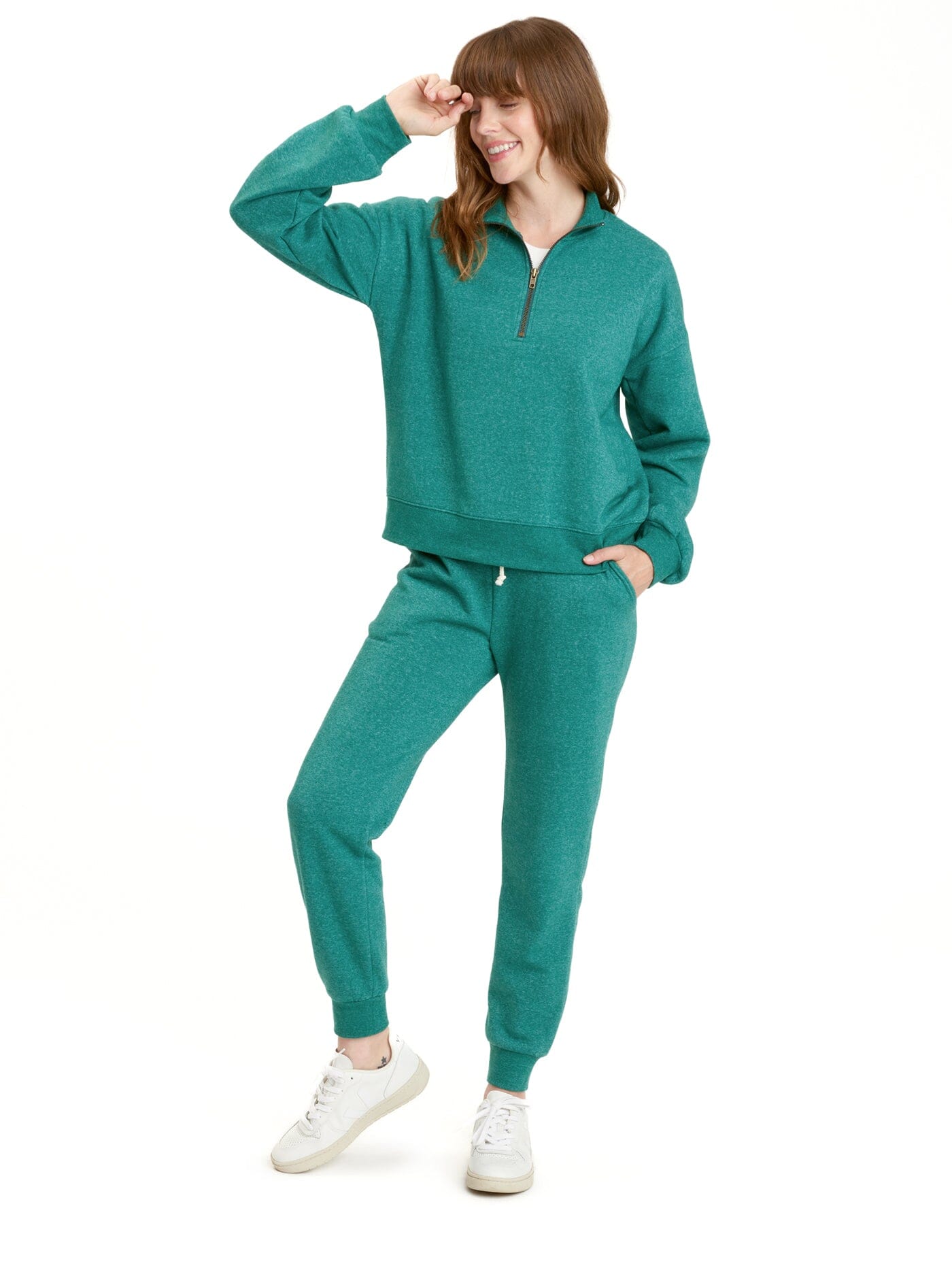 Constance Tribend Fleece Half Zip Pullover in Heathered Emerald