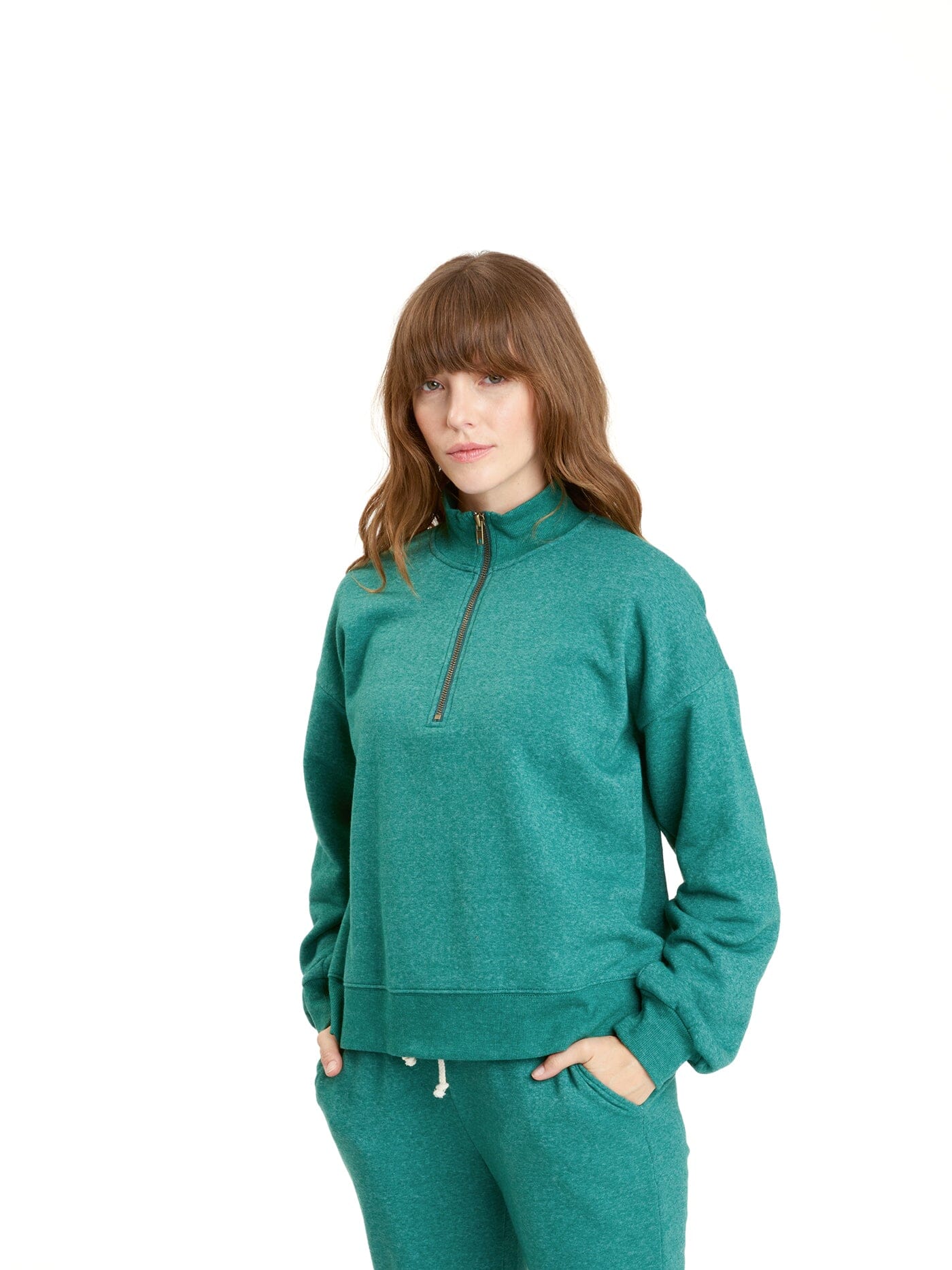 Constance Tribend Fleece Half Zip Pullover in Heathered Emerald