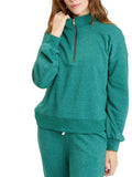 Constance Tribend Fleece Half Zip Pullover in deep heathered emerald with collared neckline and front zip closure.