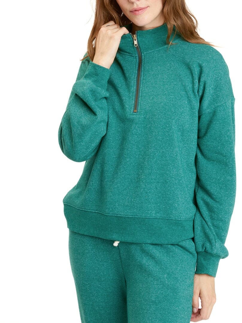 Constance Tribend Fleece Half Zip Pullover in deep heathered emerald with collared neckline and front zip closure.