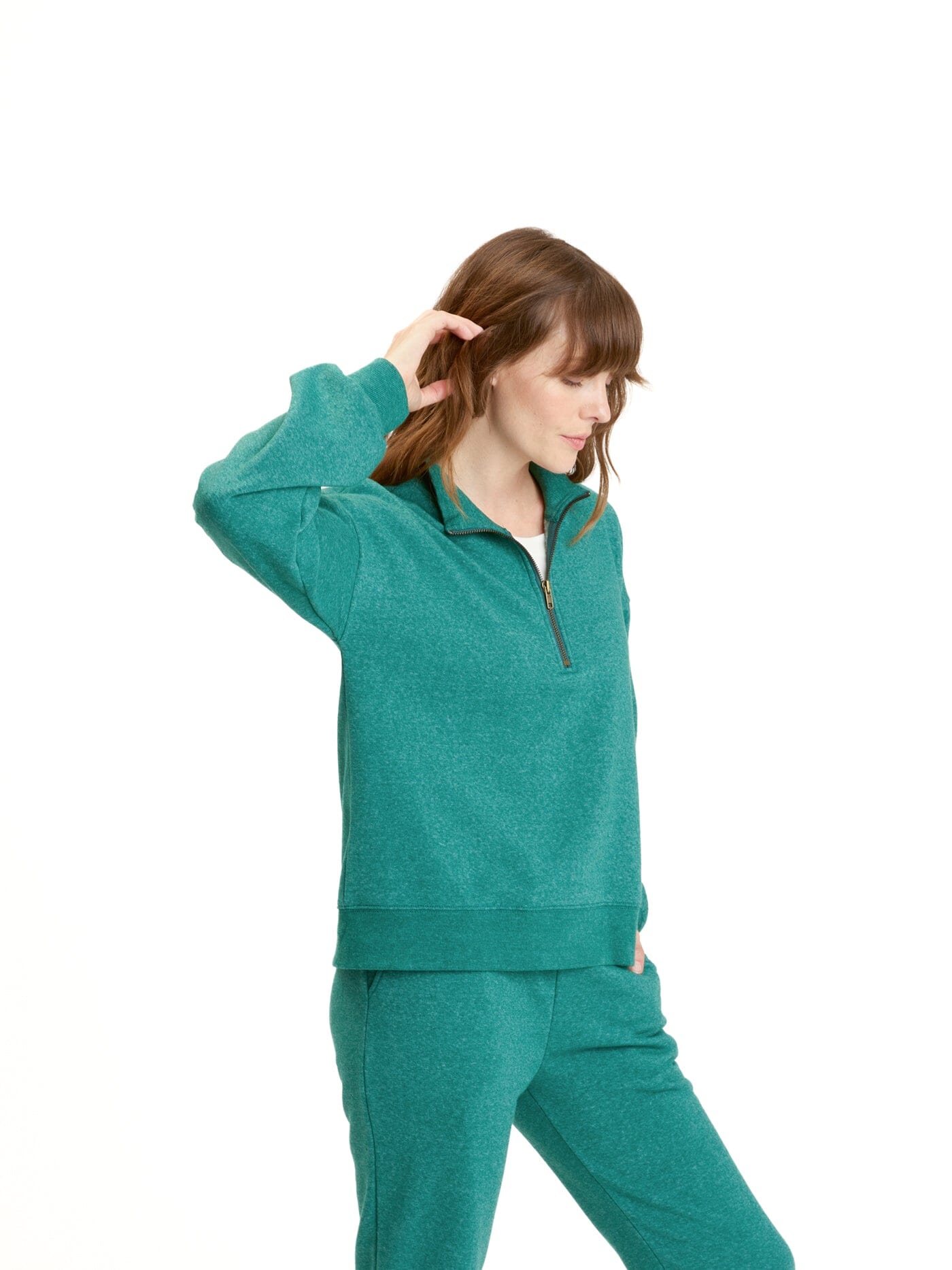 Constance Tribend Fleece Half Zip Pullover in Heathered Emerald